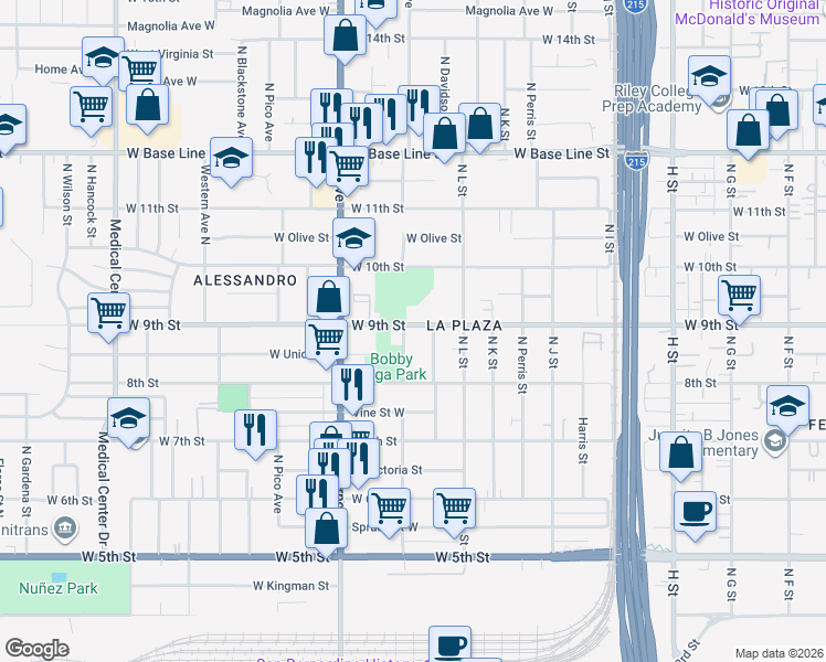 map of restaurants, bars, coffee shops, grocery stores, and more near 895 North Garner Avenue in San Bernardino