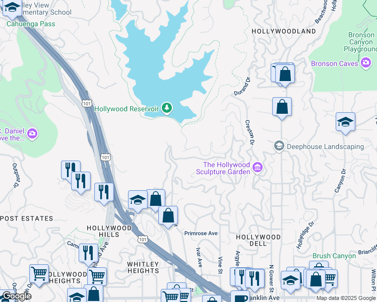 map of restaurants, bars, coffee shops, grocery stores, and more near 6438 West Georgius Way in Los Angeles