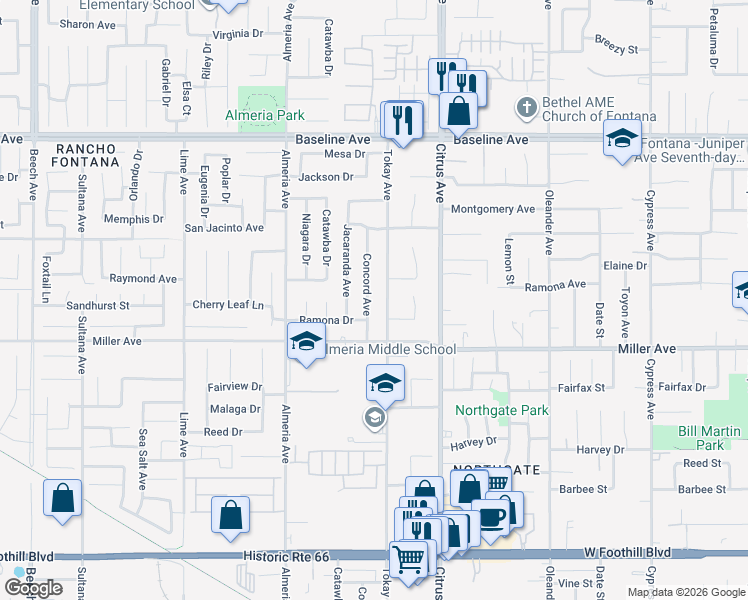 map of restaurants, bars, coffee shops, grocery stores, and more near 7600 Tokay Avenue in Fontana