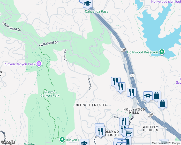 map of restaurants, bars, coffee shops, grocery stores, and more near 7053 Senalda Road in Los Angeles