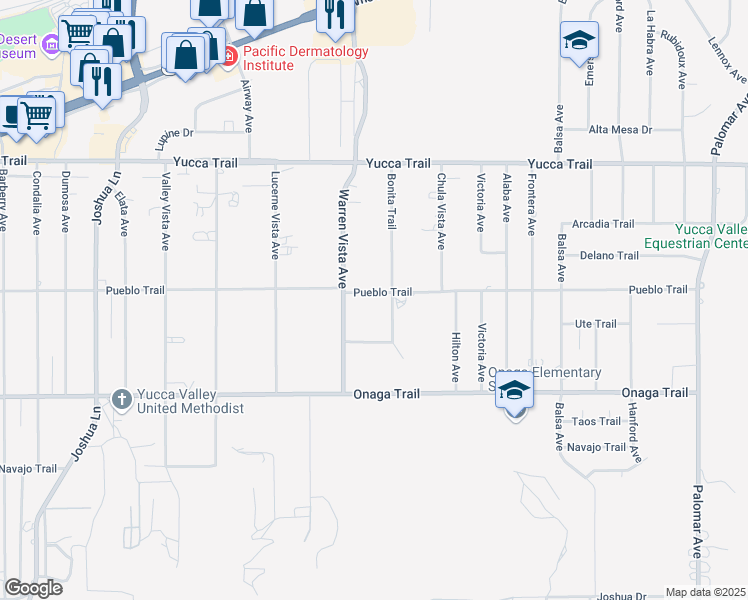 map of restaurants, bars, coffee shops, grocery stores, and more near 57765 Pueblo Trail in Yucca Valley