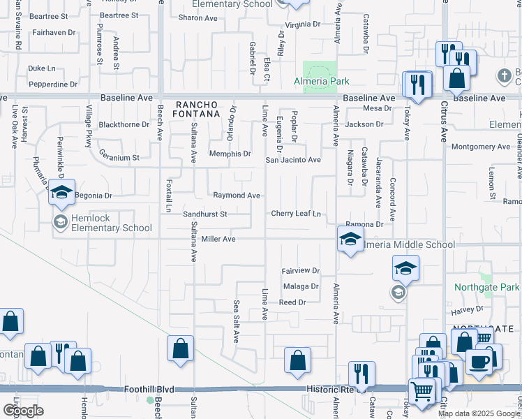 map of restaurants, bars, coffee shops, grocery stores, and more near 7582 Lime Avenue in Fontana