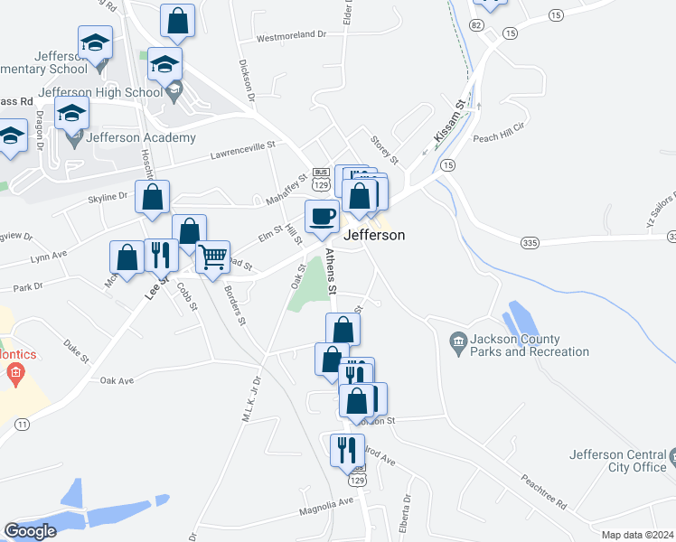 map of restaurants, bars, coffee shops, grocery stores, and more near 95 Athens Street in Jefferson
