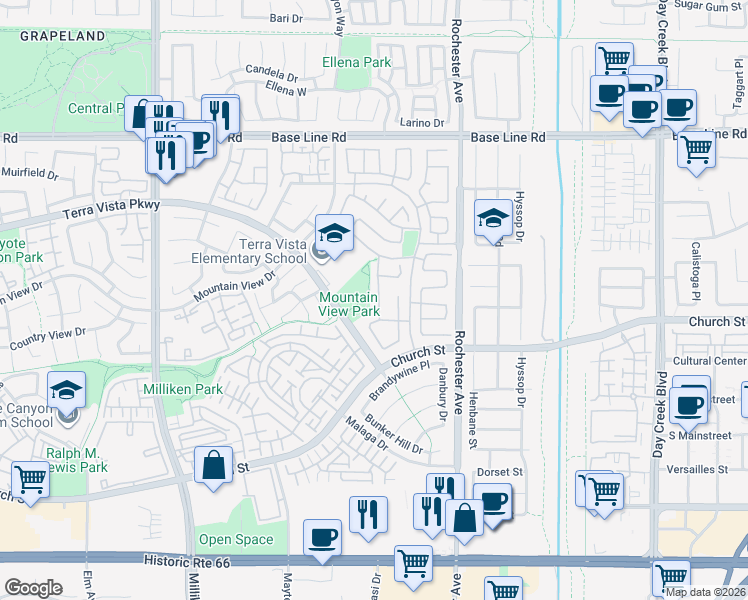 map of restaurants, bars, coffee shops, grocery stores, and more near 7622 Merrimack Place in Rancho Cucamonga