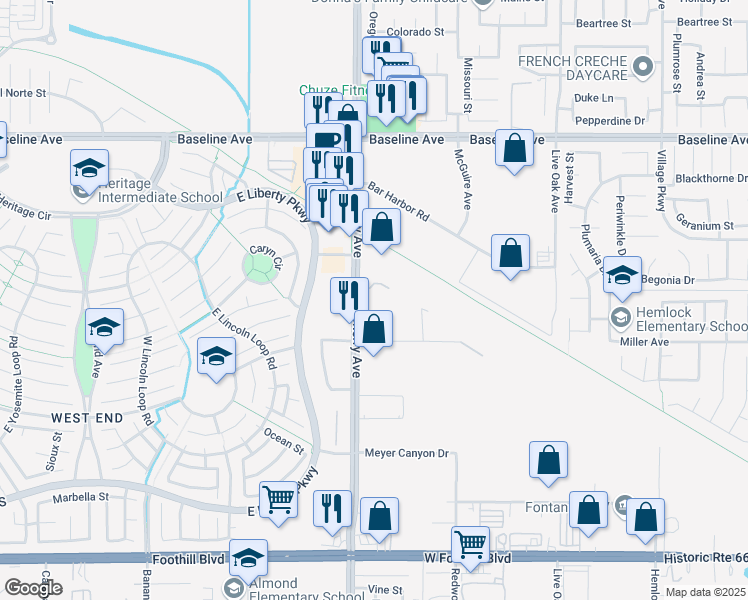 map of restaurants, bars, coffee shops, grocery stores, and more near 7627 Cherry Avenue in Fontana
