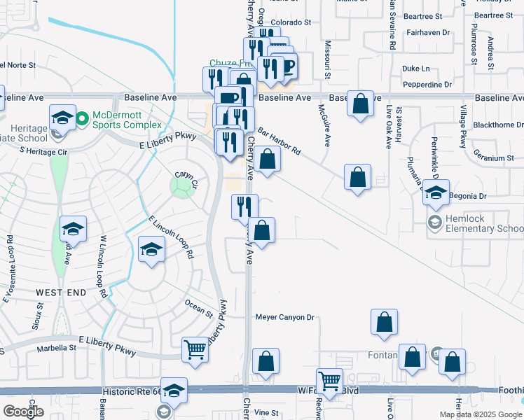 map of restaurants, bars, coffee shops, grocery stores, and more near 7627 Cherry Avenue in Fontana