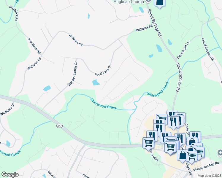 map of restaurants, bars, coffee shops, grocery stores, and more near 2084 Democracy Drive in Buford