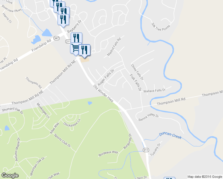 map of restaurants, bars, coffee shops, grocery stores, and more near 1512 Kilchis Falls Way in Braselton
