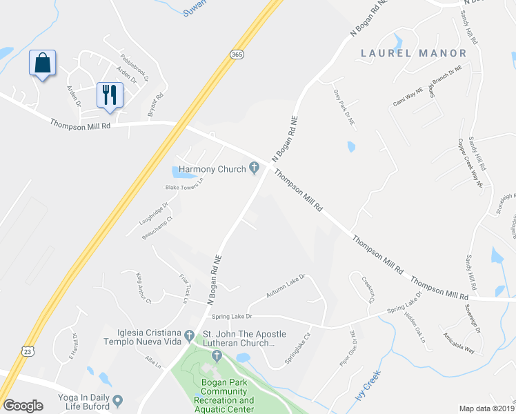map of restaurants, bars, coffee shops, grocery stores, and more near 2977 North Bogan Road Northeast in Buford