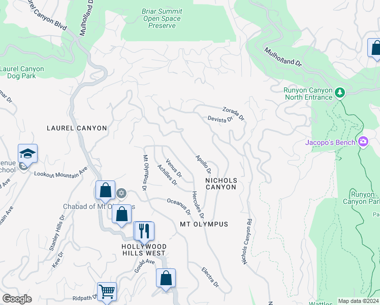 map of restaurants, bars, coffee shops, grocery stores, and more near 2437 Apollo Drive in Los Angeles