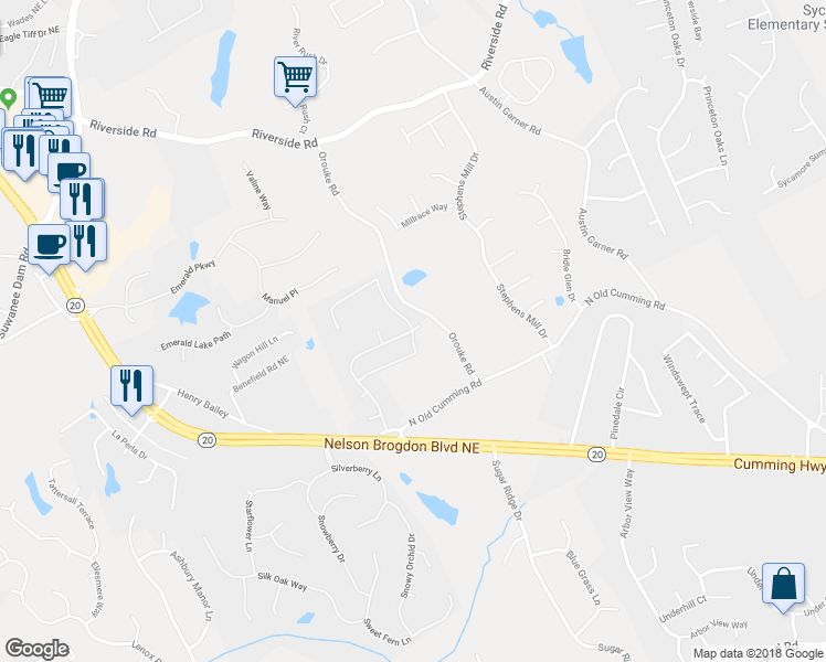 map of restaurants, bars, coffee shops, grocery stores, and more near 779 Avonley Creek Trace in Buford