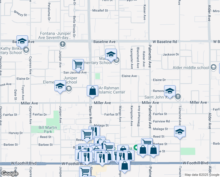 map of restaurants, bars, coffee shops, grocery stores, and more near 7600 Emerald Avenue in Fontana