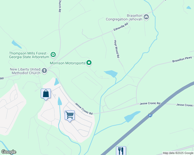 map of restaurants, bars, coffee shops, grocery stores, and more near 394 Fox Creek Drive in Braselton