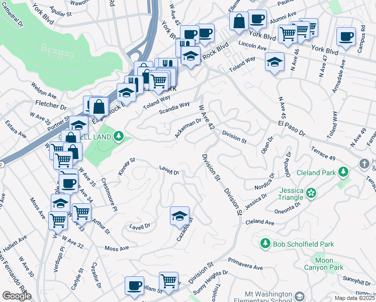 map of restaurants, bars, coffee shops, grocery stores, and more near 3861 Barryknoll Drive in Los Angeles