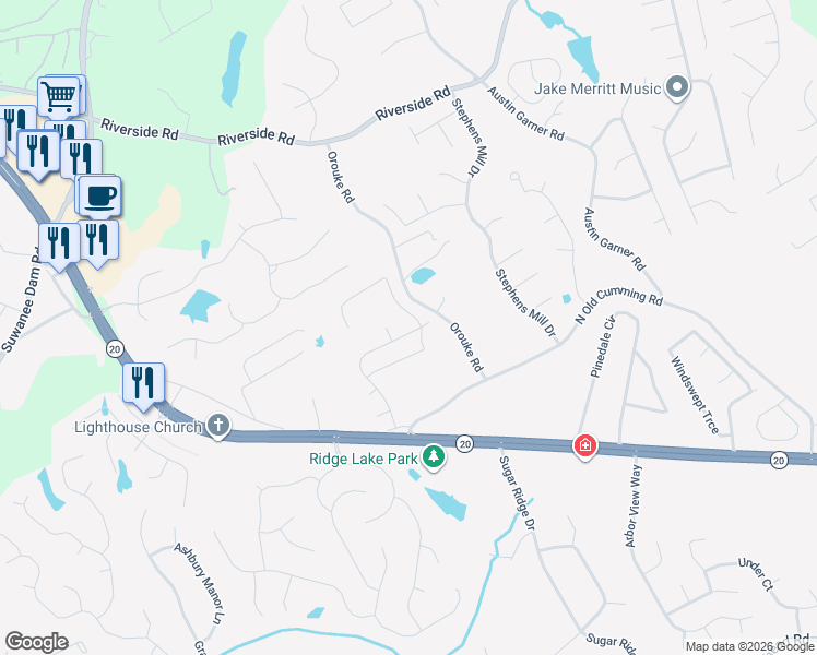 map of restaurants, bars, coffee shops, grocery stores, and more near 5798 Avonley Creek Drive Northeast in Sugar Hill