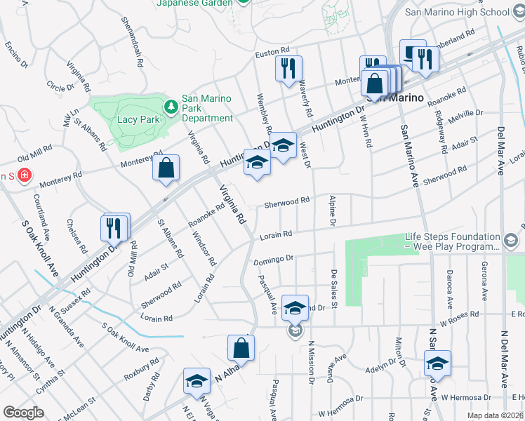 map of restaurants, bars, coffee shops, grocery stores, and more near 1645 Sherwood Road in San Marino