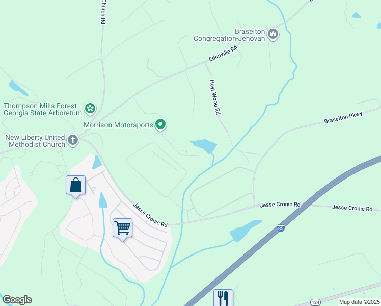 map of restaurants, bars, coffee shops, grocery stores, and more near 459 Fox Creek Drive in Braselton