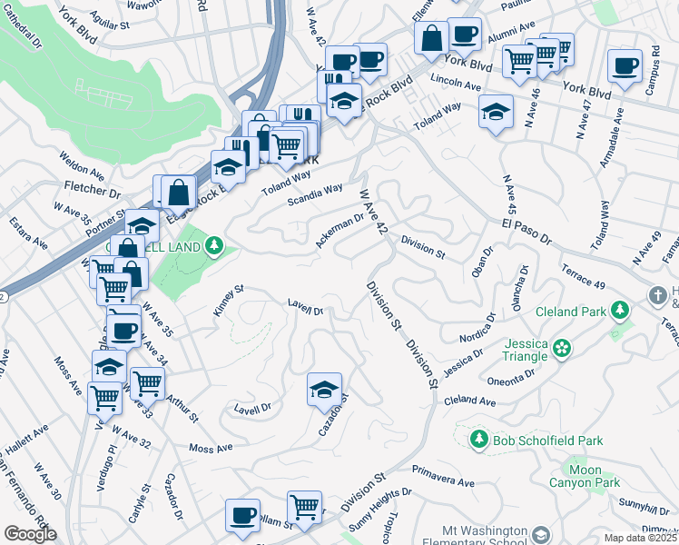 map of restaurants, bars, coffee shops, grocery stores, and more near 3861 Barryknoll Drive in Los Angeles