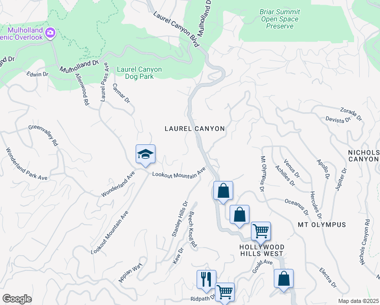 map of restaurants, bars, coffee shops, grocery stores, and more near 2451 Laurel Canyon Boulevard in Los Angeles