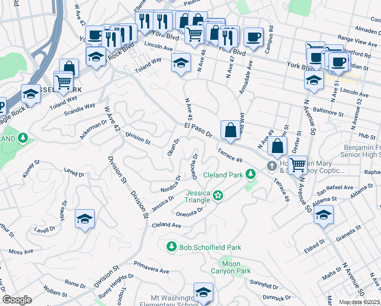 map of restaurants, bars, coffee shops, grocery stores, and more near 1225 Olancha Drive in Los Angeles