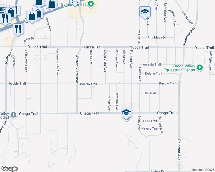 map of restaurants, bars, coffee shops, grocery stores, and more near 7516 Hilton Avenue in Yucca Valley