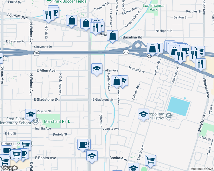 map of restaurants, bars, coffee shops, grocery stores, and more near 761 Fordland Avenue in La Verne