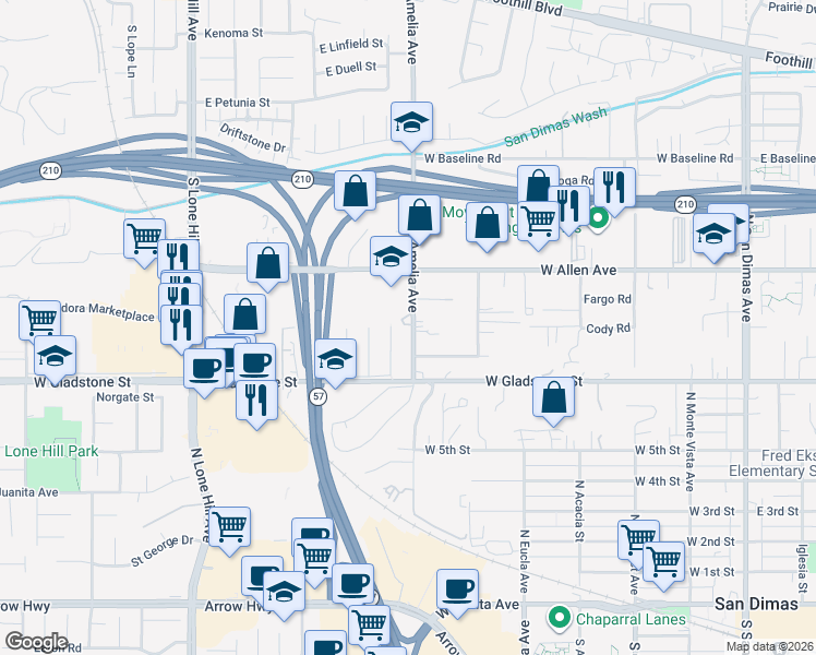 map of restaurants, bars, coffee shops, grocery stores, and more near 749 North Amelia Avenue in San Dimas