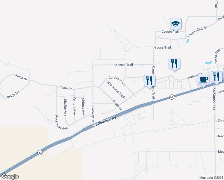 map of restaurants, bars, coffee shops, grocery stores, and more near 7546 San Remo Trail in Yucca Valley