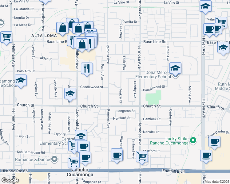 map of restaurants, bars, coffee shops, grocery stores, and more near 9951 Candlewood Street in Rancho Cucamonga