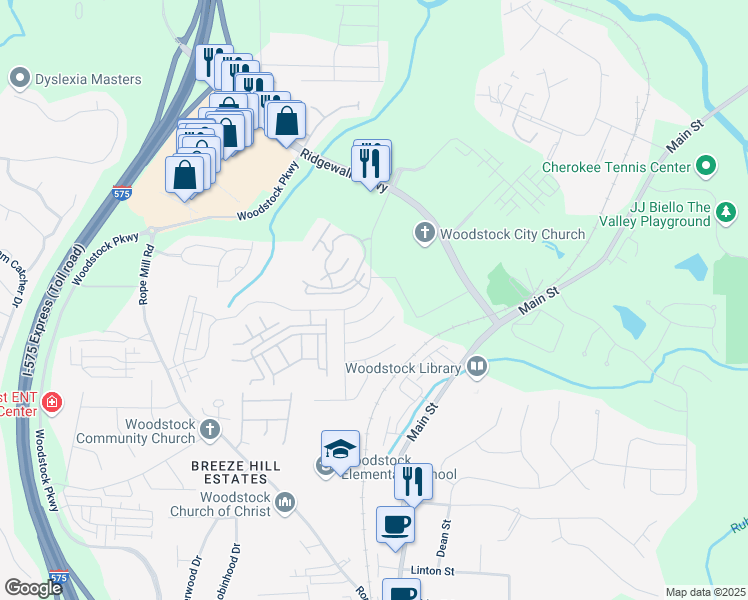 map of restaurants, bars, coffee shops, grocery stores, and more near 219 Mincey Way in Woodstock