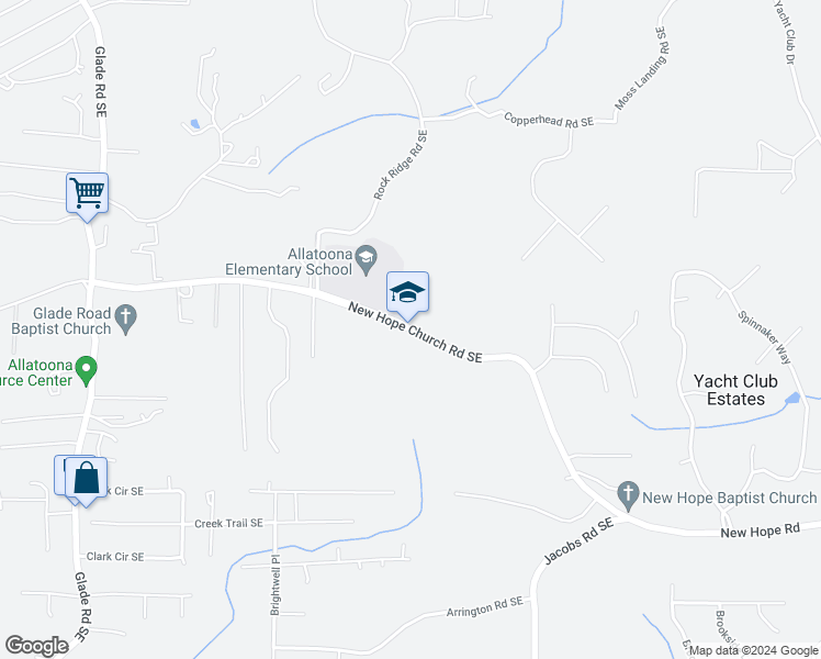 map of restaurants, bars, coffee shops, grocery stores, and more near 4142 New Hope Church Road Southeast in Acworth