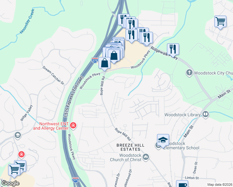 map of restaurants, bars, coffee shops, grocery stores, and more near 104 Meadow Mill Road in Woodstock