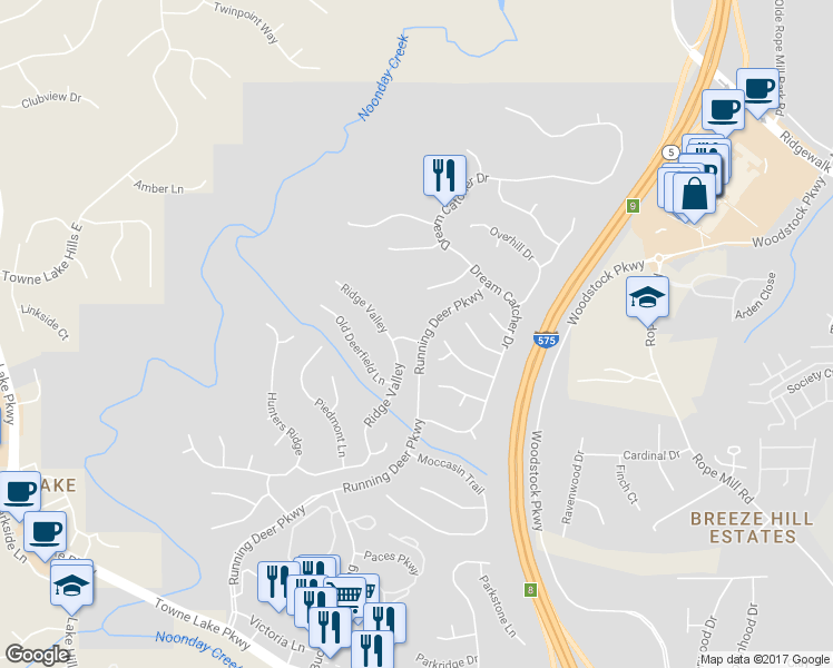 map of restaurants, bars, coffee shops, grocery stores, and more near 507 Picabo Street in Woodstock