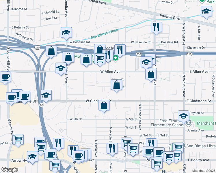 map of restaurants, bars, coffee shops, grocery stores, and more near 420 Mustang Court in San Dimas