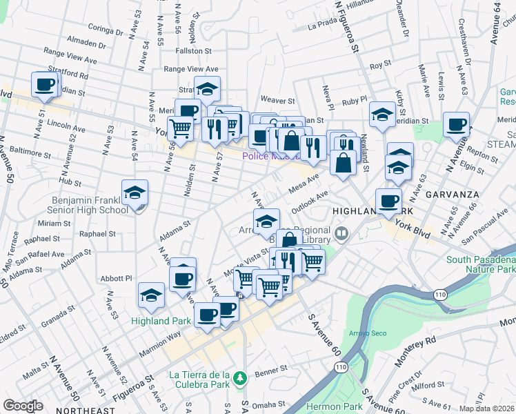map of restaurants, bars, coffee shops, grocery stores, and more near 401 North Avenue 61 in Los Angeles
