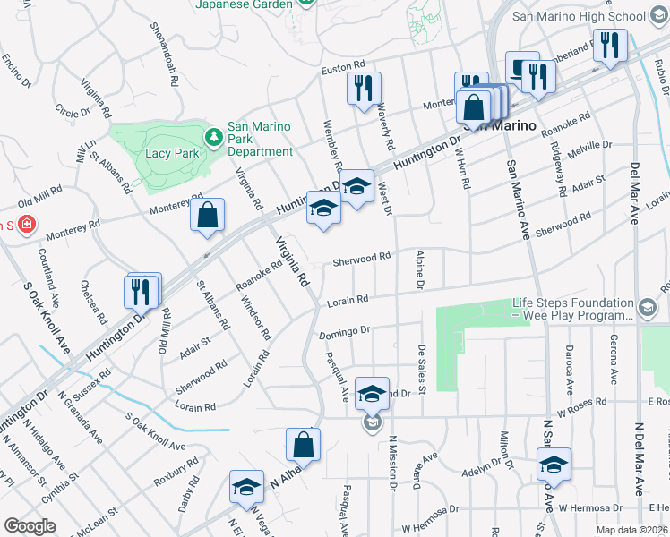 map of restaurants, bars, coffee shops, grocery stores, and more near 1670 Sherwood Road in San Marino