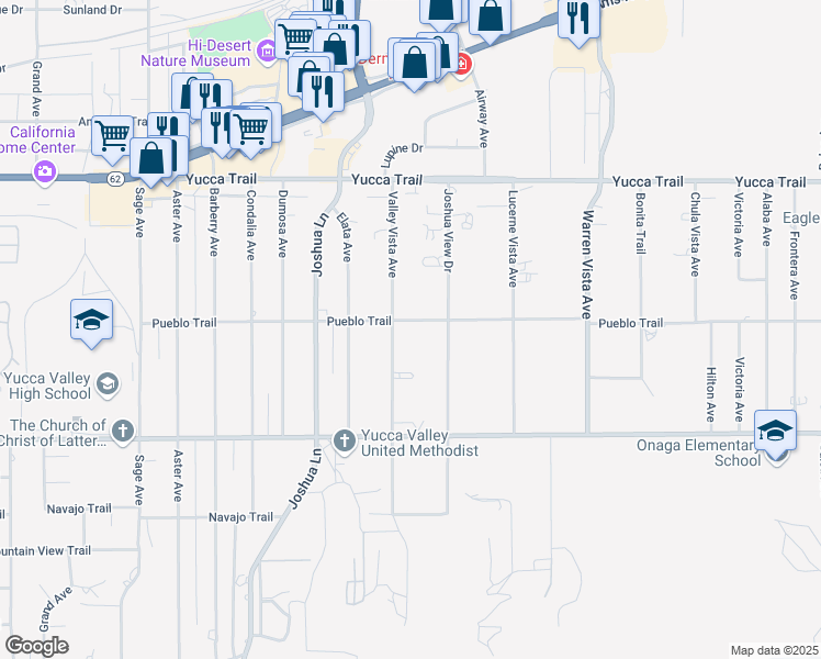 map of restaurants, bars, coffee shops, grocery stores, and more near 57383 Pueblo Trail in Yucca Valley