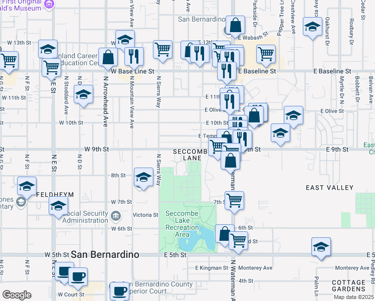 map of restaurants, bars, coffee shops, grocery stores, and more near 218 9th Street in San Bernardino