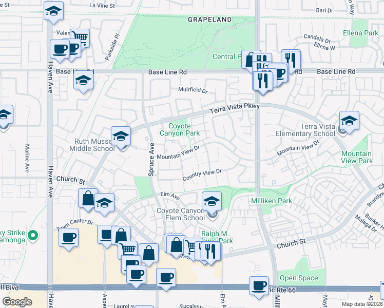 map of restaurants, bars, coffee shops, grocery stores, and more near 11090 Mountain View Drive in Rancho Cucamonga