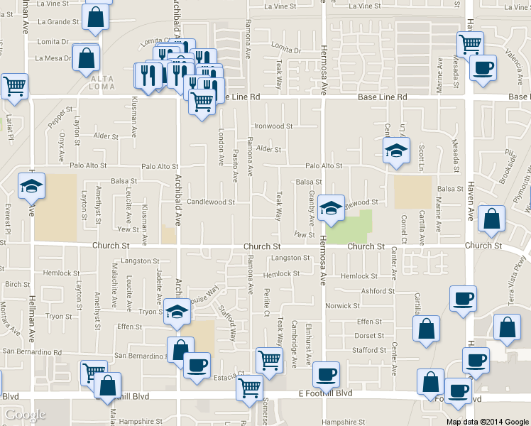 map of restaurants, bars, coffee shops, grocery stores, and more near 9951 Candlewood Street in Rancho Cucamonga