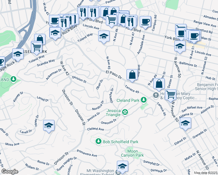 map of restaurants, bars, coffee shops, grocery stores, and more near 1225 Olancha Drive in Los Angeles