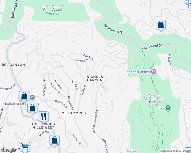map of restaurants, bars, coffee shops, grocery stores, and more near 2395 Nichols Canyon Road in West Hollywood