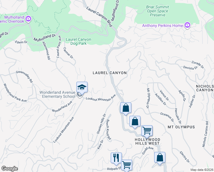 map of restaurants, bars, coffee shops, grocery stores, and more near 2451 Laurel Canyon Boulevard in Los Angeles