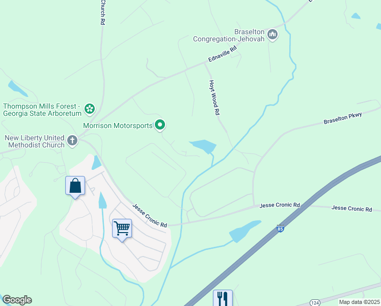 map of restaurants, bars, coffee shops, grocery stores, and more near 459 Fox Creek Drive in Braselton