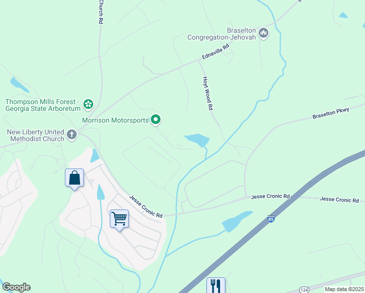 map of restaurants, bars, coffee shops, grocery stores, and more near 445 Fox Creek Drive in Braselton