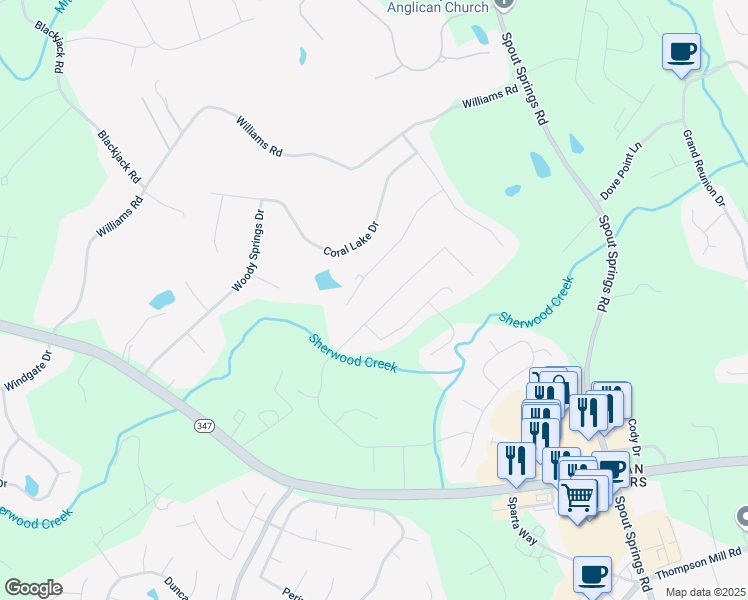 map of restaurants, bars, coffee shops, grocery stores, and more near 2084 Democracy Drive in Buford