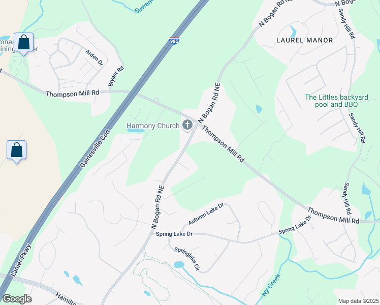 map of restaurants, bars, coffee shops, grocery stores, and more near 2977 North Bogan Road Northeast in Buford