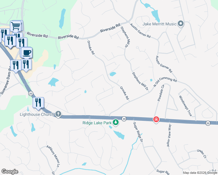 map of restaurants, bars, coffee shops, grocery stores, and more near 5798 Avonley Creek Drive Northeast in Sugar Hill