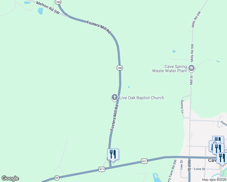 map of restaurants, bars, coffee shops, grocery stores, and more near 5452 Fosters Mill Road in Cave Spring