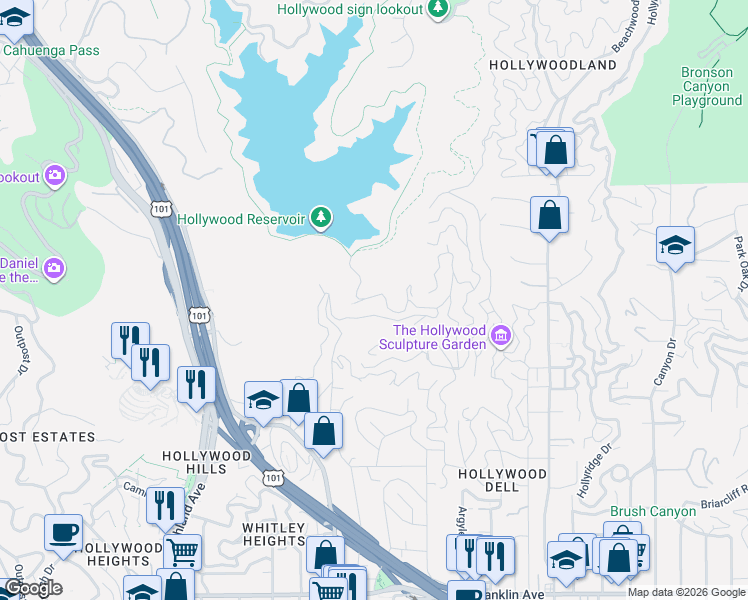 map of restaurants, bars, coffee shops, grocery stores, and more near 6422 Weidlake Drive in Los Angeles